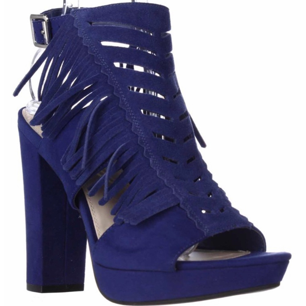 Anthropologie fringe blue suede platform heels